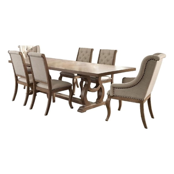 Sev 7pc Dining Table Set- 84-104 Inch Top- 6 Cream Fabric Chairs- Barley Brown