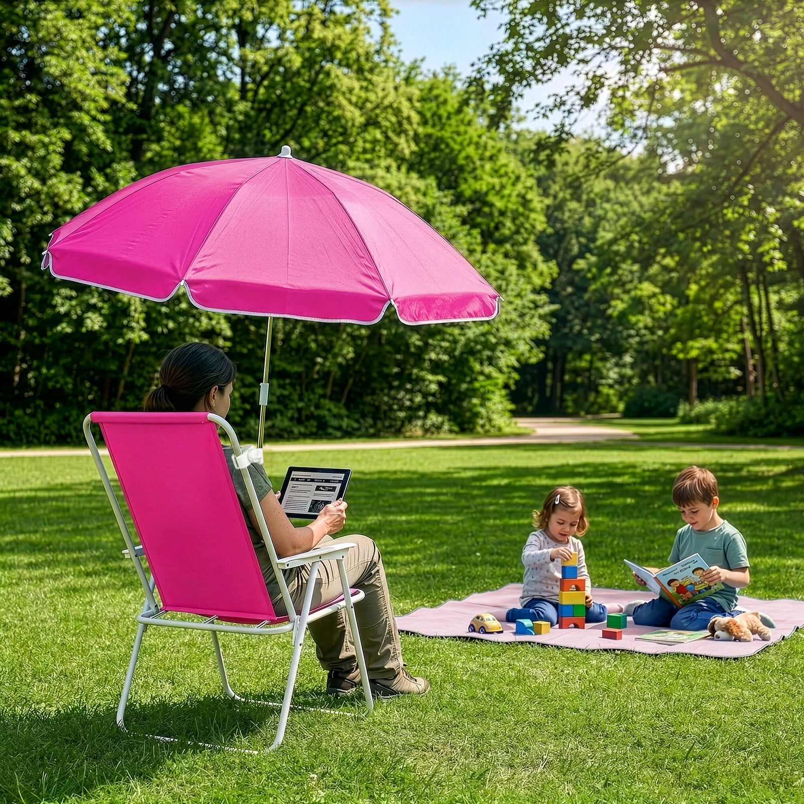 1 Pack Folding Beach Chair with Umbrella, XL Size, 15" Seat Height, Steel Spring Chair with Cross Bar, Oxford Cloth, 120kg Capacity, Barbie Pink