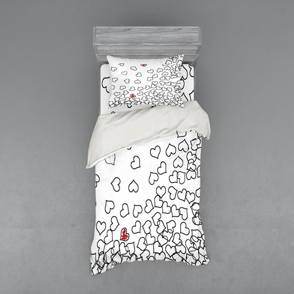 Ambesonne Black White Bedding Set 3 Pcs, Wedding Heart Shape, Twin XL, Black White Red