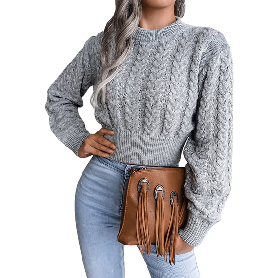 Sedceaty Women's Sweater Simple Solid Color Twist Knit Long Sleeve Round Neck Navel Length Breathable Pullover