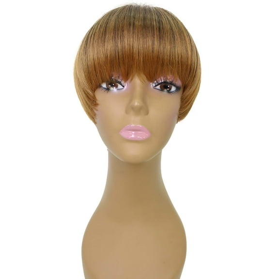 LUXLUXE Alyssa Straight Bob 9 in Long Full Wig Full Cap Wig, Heat Resistant Fibers, Dark Brown with Golden Highlights