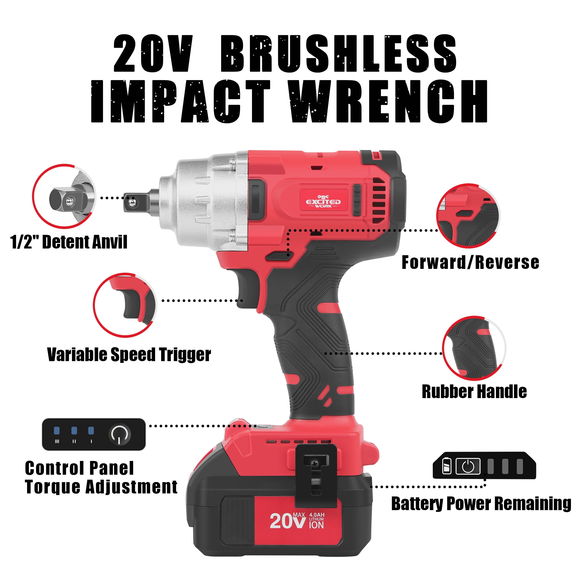 EXCITED WORK 20V MAX Brushless High Torque Impact Wrench, (500Nm