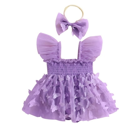

jaweiwi Infant Toddler Girl Romper Dresses 3M 6M 12M 18M 24M Butterfly Decor Fly Sleeve Ruched Mesh Skirt Hem Jumpsuits Newborn Clothes Baby Bodysuits with Headband