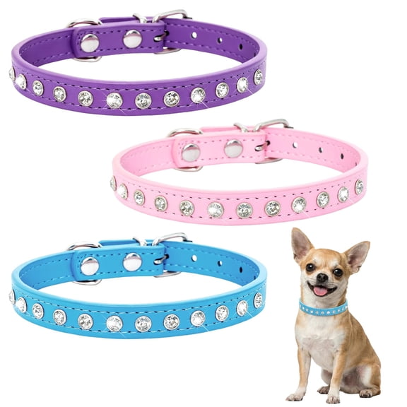 Mumup 3Pack Small Dog Collars Bling Puppy Collars Diamond Pet Collars PU Leather Sparkly Rhinestone Glitter Adjustable Jewelry Neck Collars for Small Pet