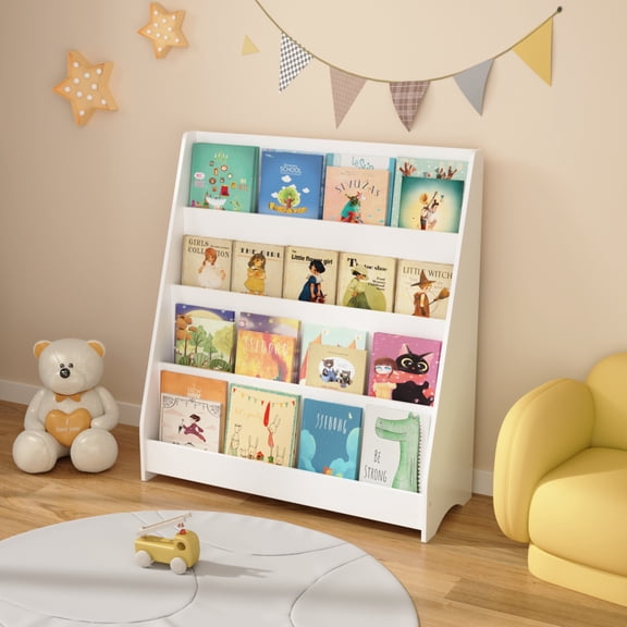 Kids Bookshelf 4-Tier Toddler Book Display Shelves, Childrens Bookcase and Toy Storage Organizer for Bedroom Playroom Classroom, White