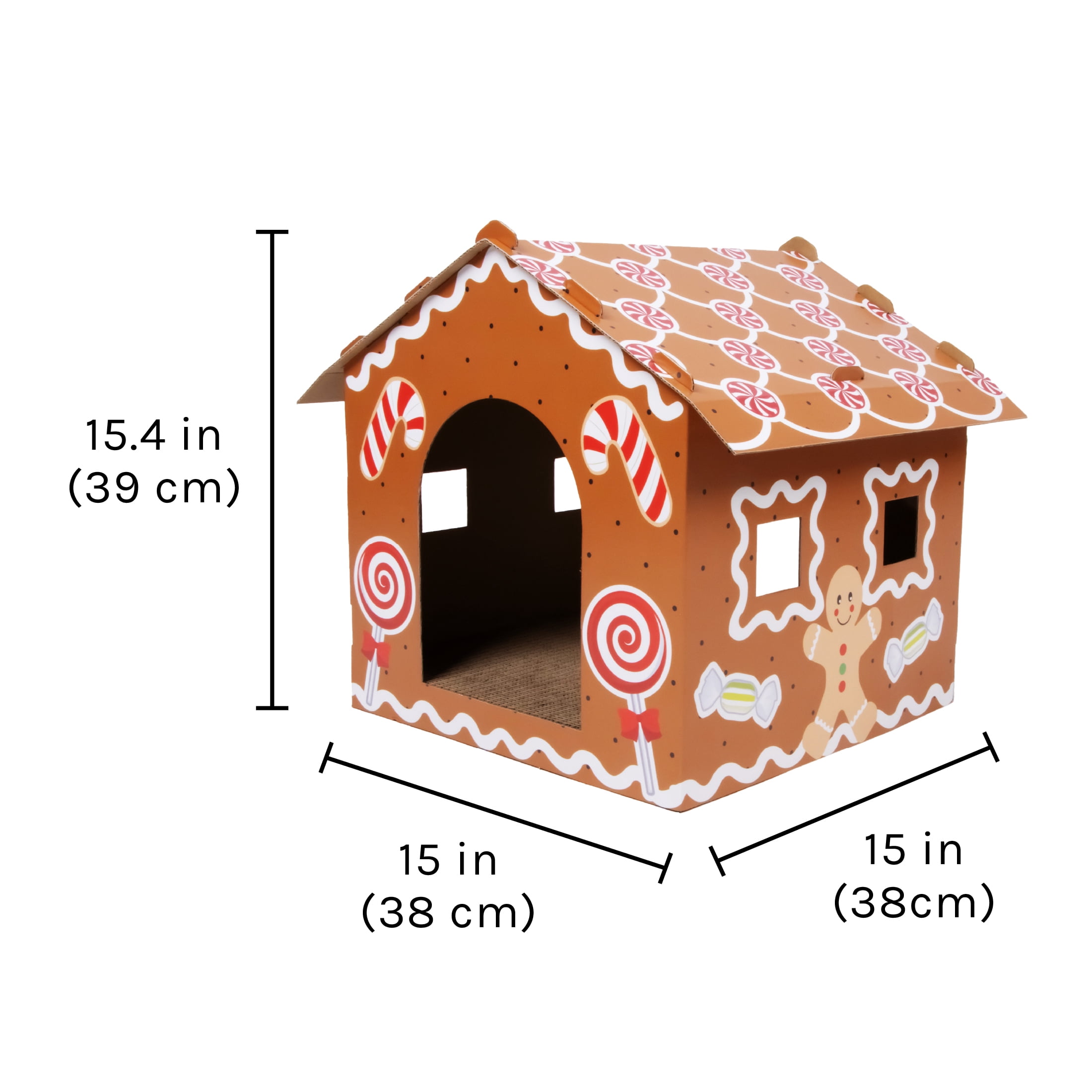 Kitty City Christmas Gingerbread Cardboard Cat House with Corrugate Scratching Pad, Brown, One Size