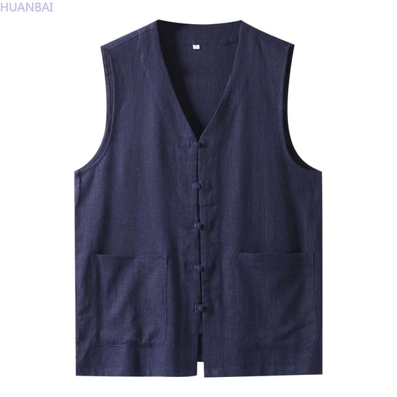 HUANBAI Summer Thin Men's Vest Cotton Linen Vest V Neck Large Size Linen Jacket Tang Suit