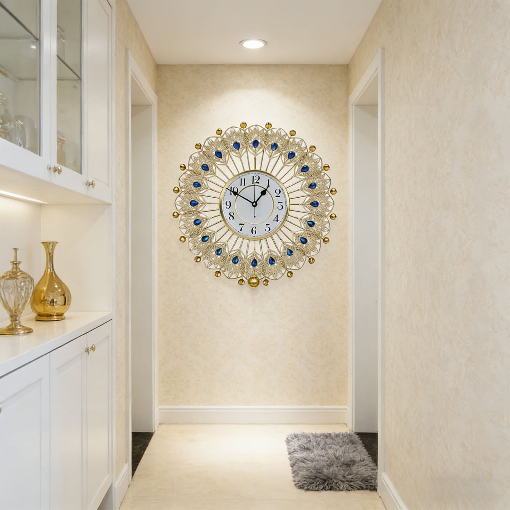 Large Crystal Peacocks Wall Clock Silents None Ticking Battery Operated Modern Decorative for Living Room