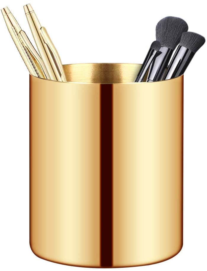 BHONGVV Pen Holder Metal Wire Pencil Cup for Desk Cute Pen Organizer for Office Desktop Makeup Brush Holder 2Pcs, Gold 