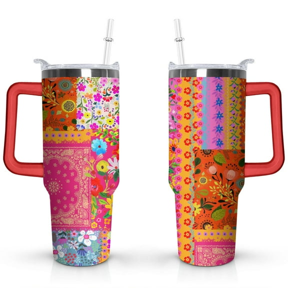 40oz Pioneer Patchwork Tumbler with Handle Lid and Straw,Bohemian Style Stitching Colorful Floral Vintage Tumblers Gifts for Women Girls Men Adults(Red)