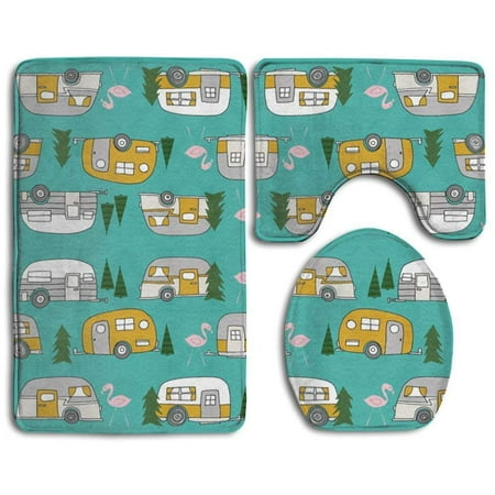 PUDMAD Small Scale Happy Camper 3 Piece Bathroom Rugs Set Bath Rug Contour Mat and Toilet Lid