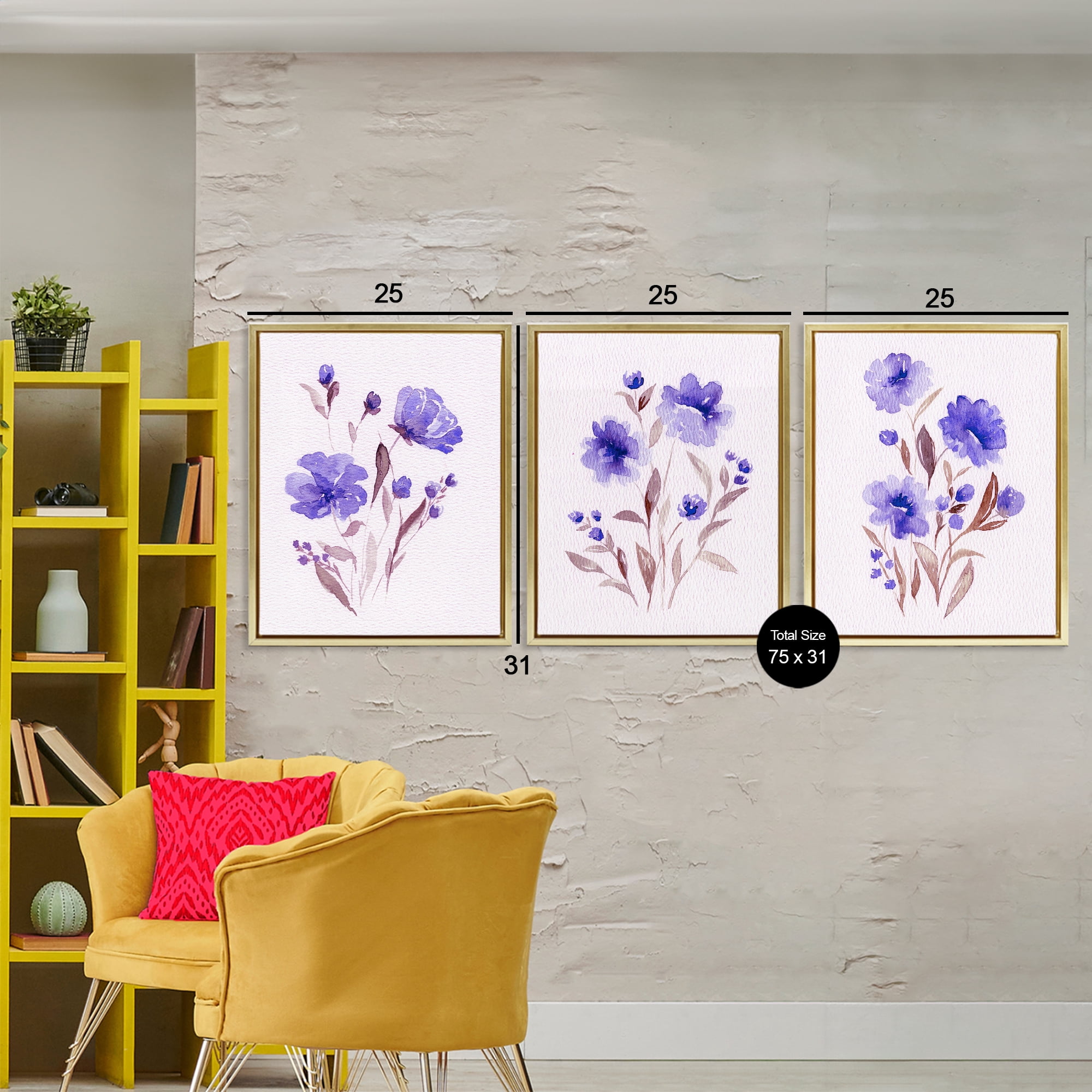 Stupell Industries Watercolor Purple Blooms 3 Piece Gold Framed Floater Canvas Set, design by Leah Noel Art