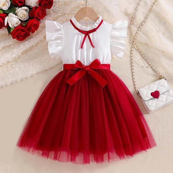 Spazoro Toddler Girls Tulle Party Dress, Contrast Bodice Bow Knot Ruffle Sleeve Mock Neckline Birthday Party Dress Red Size 4
