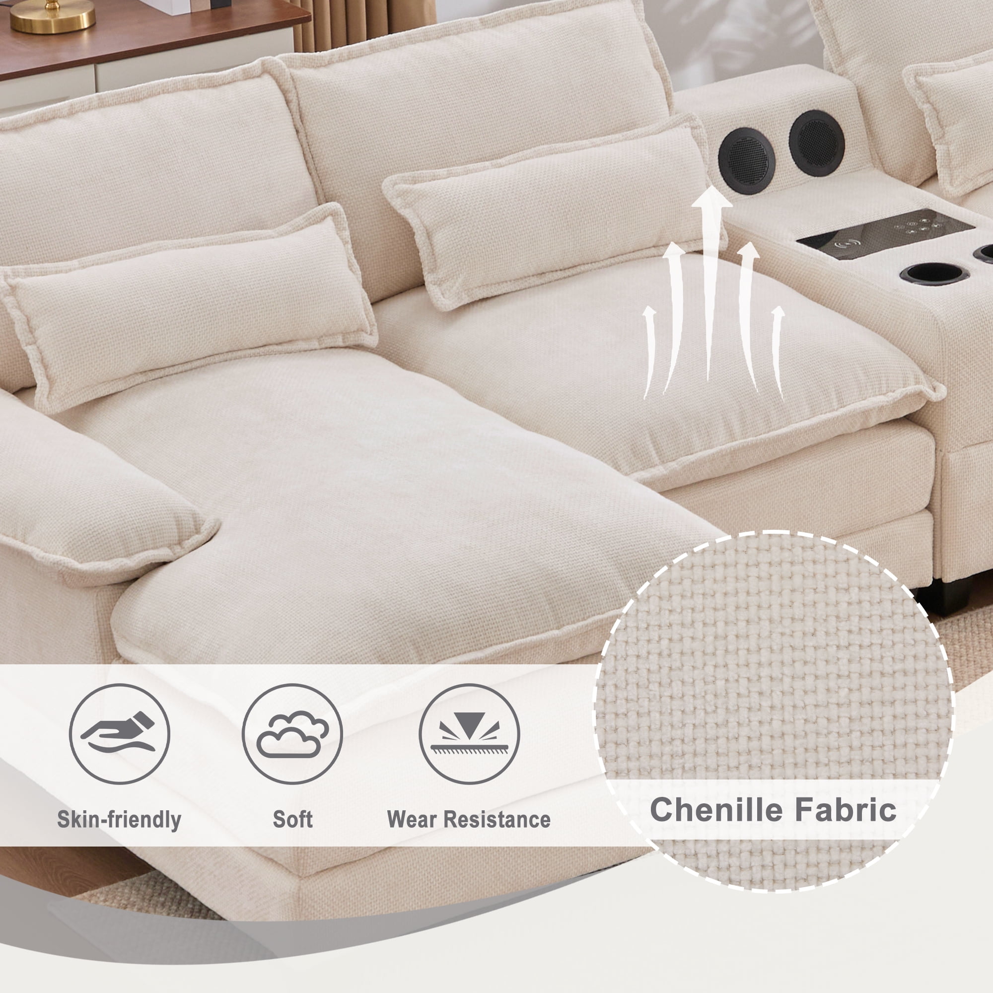 Villeston 126.77" U-Shaped Cloud Sofa With Chaise Lounge, Chenille Sofa With Wireless Charging, Bluetooth Speaker, Two Cup Holders, Storage Drawer, Suitable For Living Room,Beige