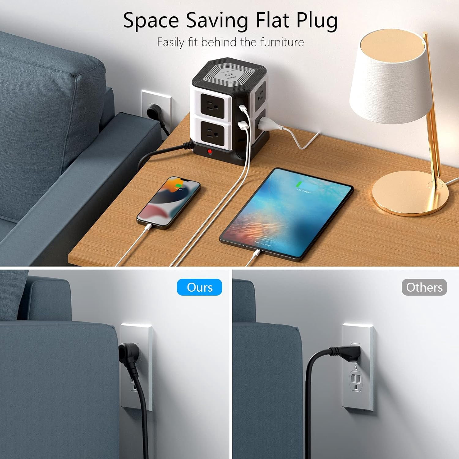 BESTEK 8 Outlet 6 USB Power Strips Tower, Surge Protector with 10W Wireless Charger & PD20W USB C, 4000Joules, 5ft Cord, Black