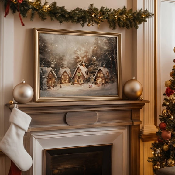 Gingerbread and Christmas Village Printable Wall Art, Cozy Holiday Winter Wonderland Painting, Tis The Season Vintage Oil Painting, 32x48 UNFRAMED