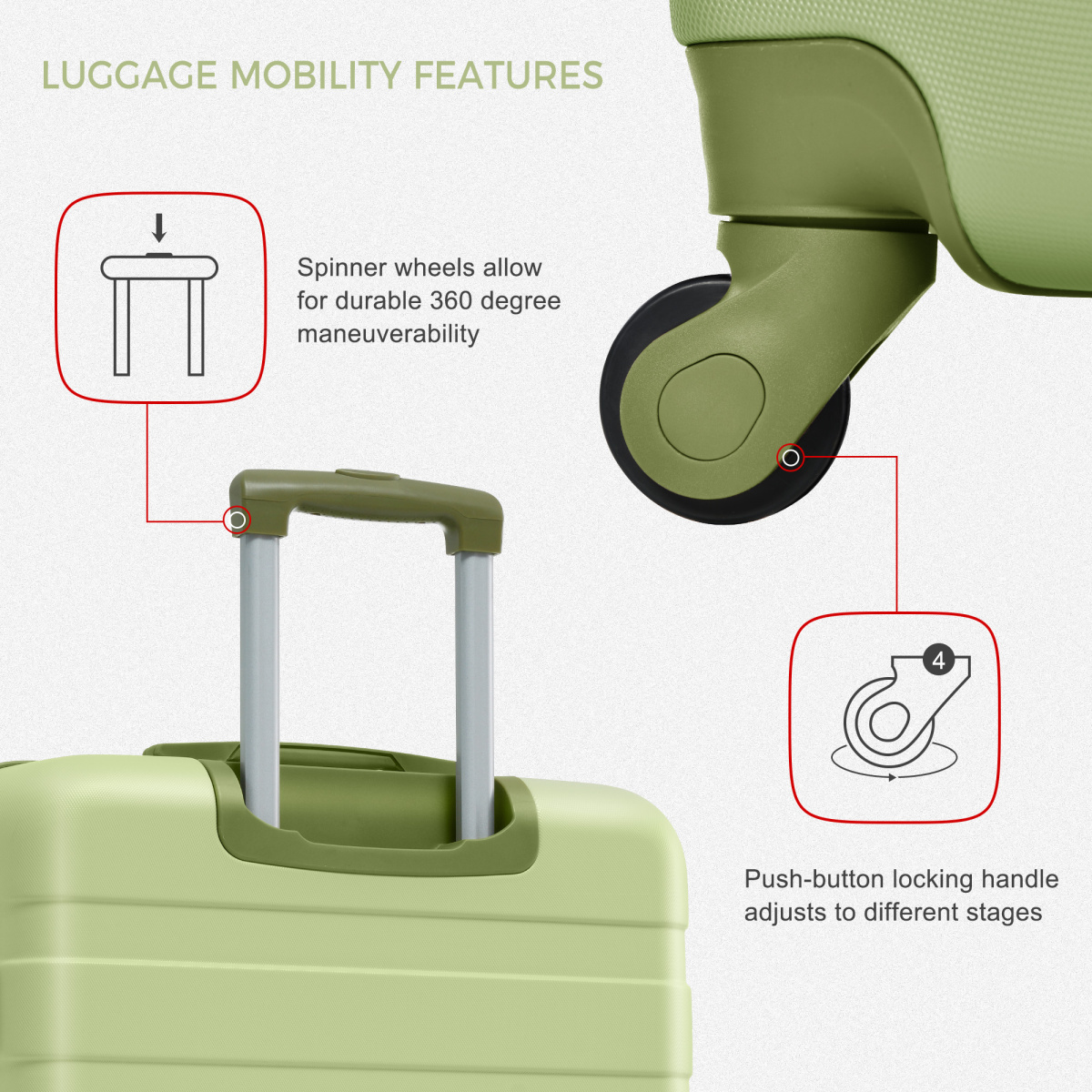 3 Piece ABS Hardshell Luggage Set Lightweight Spinner Wheels TSA Lock Light Green