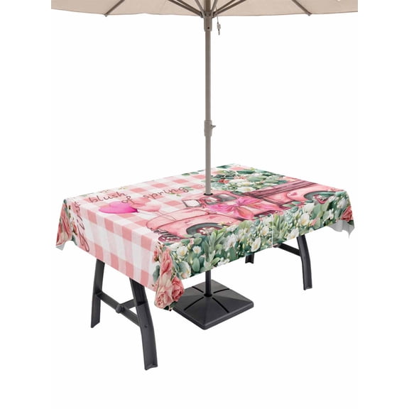 Outdoor Tablecloths with Umbrella Hole & Zipper, Eucalyptus Trucks Tablecloth Rectangle 60x84 Inch, Spring Farmhouse Floral Leaves Pink Plaid Waterproof Table Cloth, Patio/Pool/Picnic Table Covers