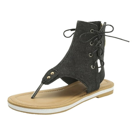 

ZIZOCWA Clip Toe Sandals for Women Comfortable Flat Denim Lace Up Womens Summer Sandals Casual Soft Bottom Flat Flip Flops Fashion Black Size8