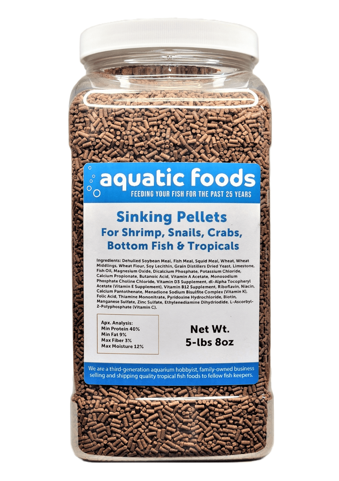 Shrimp Pellets, 40% Protein Sinking Pellets, 1/16" x 3/8" Pellets for Shrimp, Snails, Crabs, Catfish, Plecos for All Tropical Fish, Pellets by Zeigler…5-lb 8oz Lg Jar