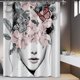 thumbnail image 1 of Cortina de ducha floral para mujer, cortina de ducha estética, flor rosa, mariposa, bosquejo, cortina de baño, tela blanca, impermeable, decoración de baño Curt, 1 of 5