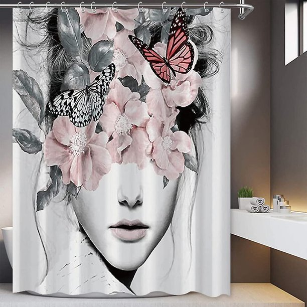 Cortina de ducha floral para mujer, cortina de ducha estética, flor rosa, mariposa, bosquejo, cortina de baño, tela blanca, impermeable, decoración de baño Curt