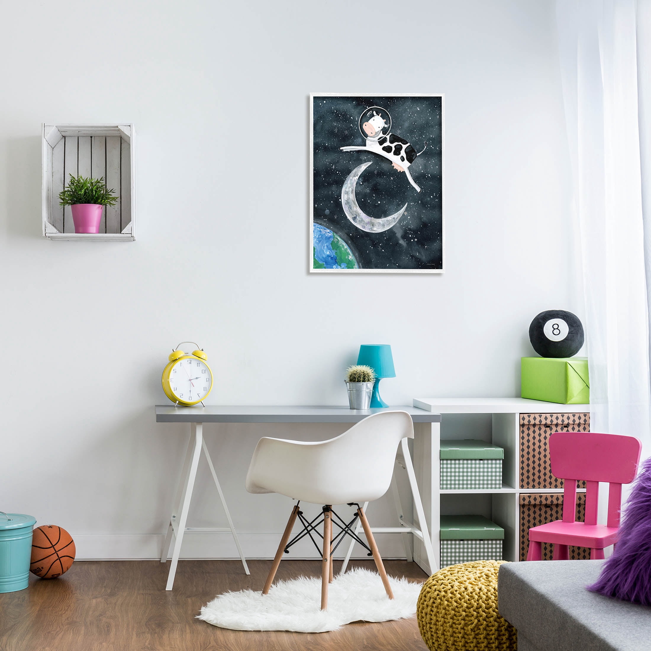 Cow Astronaut Jumping Over Moon Animals & Insects Painting White Framed Art Print Wall Art
