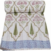 White Floral Print Kantha Quilt Twin Size Quilt King Bedspread Kantha Blanket Indian Quilt Cotton Quilt Queen Size Bed Cover