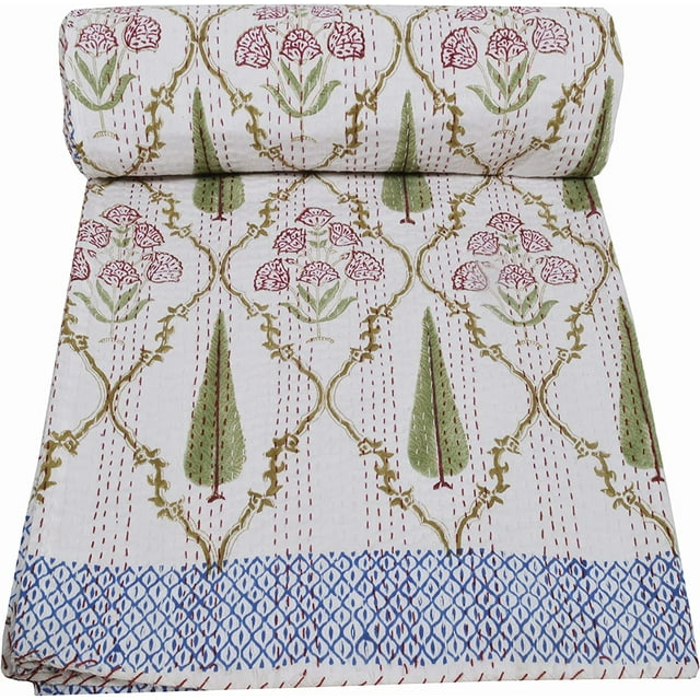 White Floral Print Kantha Quilt Twin Size Quilt King Bedspread Kantha Blanket Indian Quilt