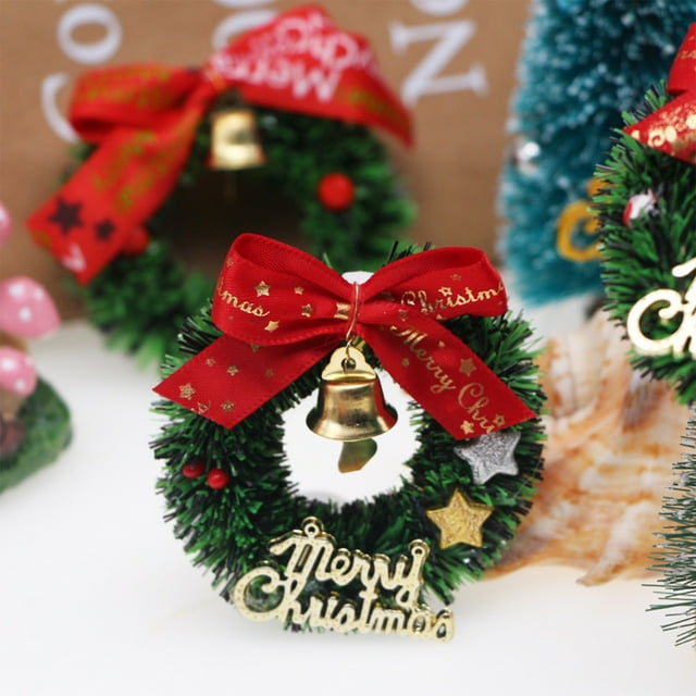 Adornos navideños, regalos navideños, decoración para árbol de Navidad, pentagrama, corona navideña en miniatura con lazo, anillo de ratán, escena en miniatura, regalos navideños, widget pequeño