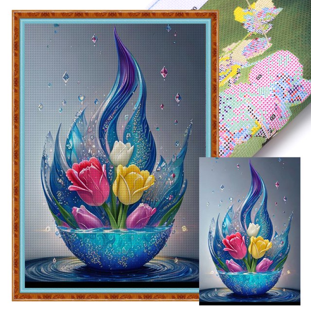 Hilo Algodón Ecológico Bordado Tulipanes Impresos 11CT Arte Punto Cruz 40x60cm