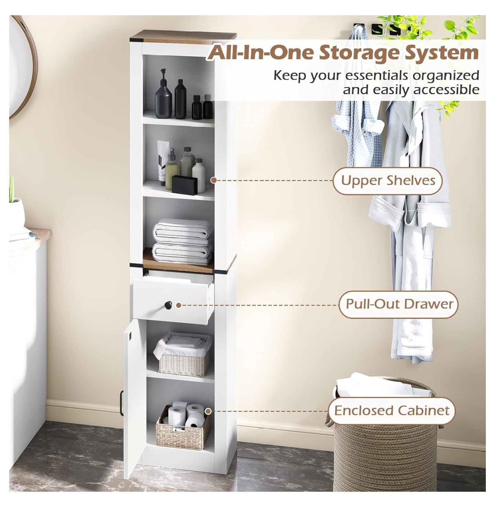 68” Tall Bathroom Cabinet with Barn Door, Narrow Slim Storage Organizer Unit with Drawer & Adjustable Shelf, Rustic Farmhouse Floor Cabinet for Laundry Room, Living Room, Kitchen