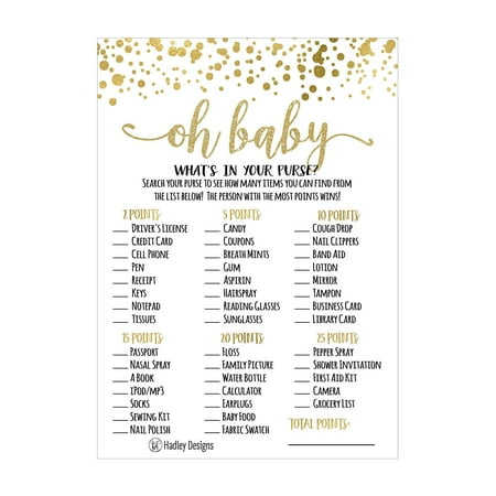 25 Gold What's In Your Purse Baby Shower Game, Funny Ideas Coed Couples Game For Baby Party, Fun Sprinkle Themed Bundle Pack of Cards To Play at Boy or Girl Neutral Gender Decoration and