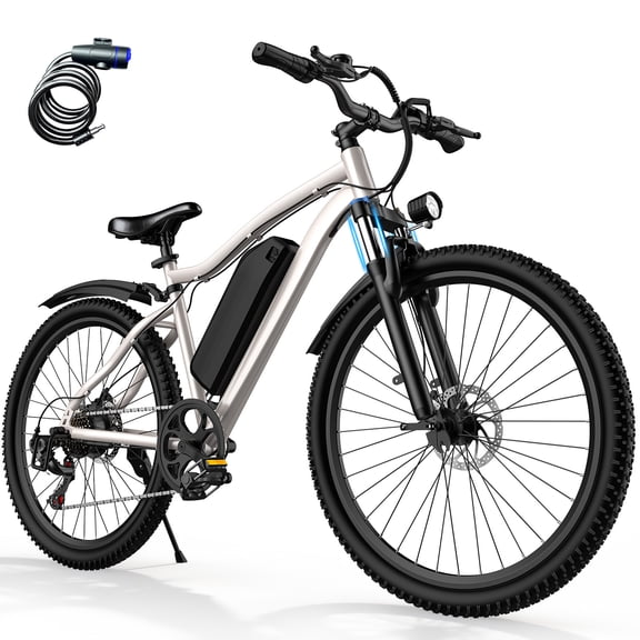 26'' Electric Mountain Bike for Adults - 350W Motor, 35-70 Mile Range, 7-Speed, LCD Display- Perfect for Commuting & Off-Road Cream