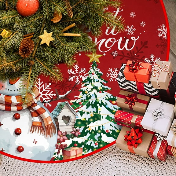 Red Christmas Tree Skirt 30 Inch Snowman Snowflaks Christmas Tree Decorations Let It Snow Farmhouse Xmas Tree Skirt Ornaments Decor for Merry Christmas Holiday Party New Years