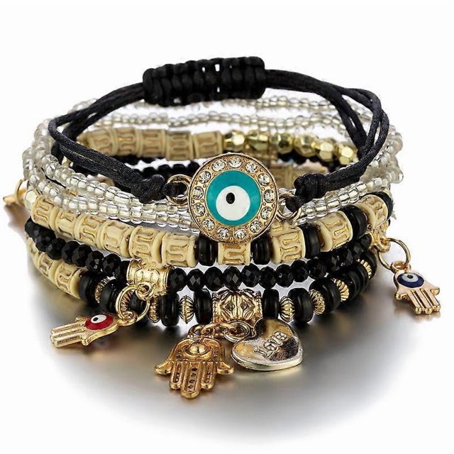 Bohemian Stretch Beads Bracelets Multilayer Evil Eye Hamsa Hand Bracelet Bohemian Bracelet Handmade Stackable Charm Bracelets for Women Lucky Protecti