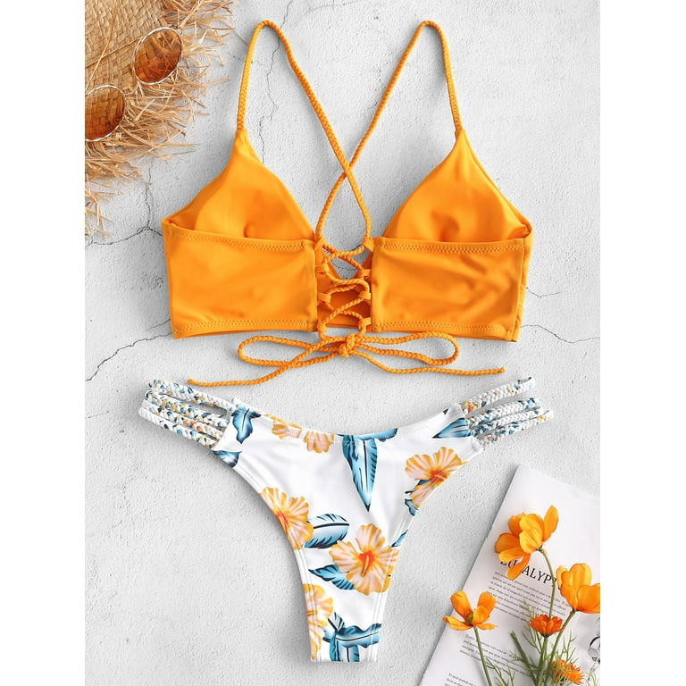 ZAFUL for Women Braided Strap Flower Bikini Set Bright Yellow M Walmart