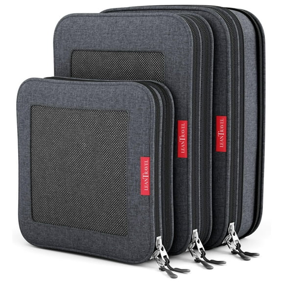 LeanTravel Compression Packing Cubes for Travel Organizers with Double Zipper (3-Pack (2L+1M), Black)