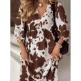 thumbnail image 5 of Multicolor Plus Size Cow Print Boho Dress Loose Fit Lantern Sleeve V-Neck, 5 of 10