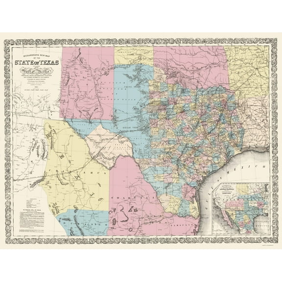 Historic State Map - Texas Part of Mexico - Desilver 1861 - 23 x 29.87 - Vintage Wall Art