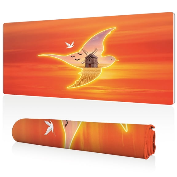 LIVEKEY XXL Mouse Pad Sunset Windmill Bird 80x40cm Non Slip Durable Easy Clean Stitched Edges Full Desk Coverage for Gaming Office Use