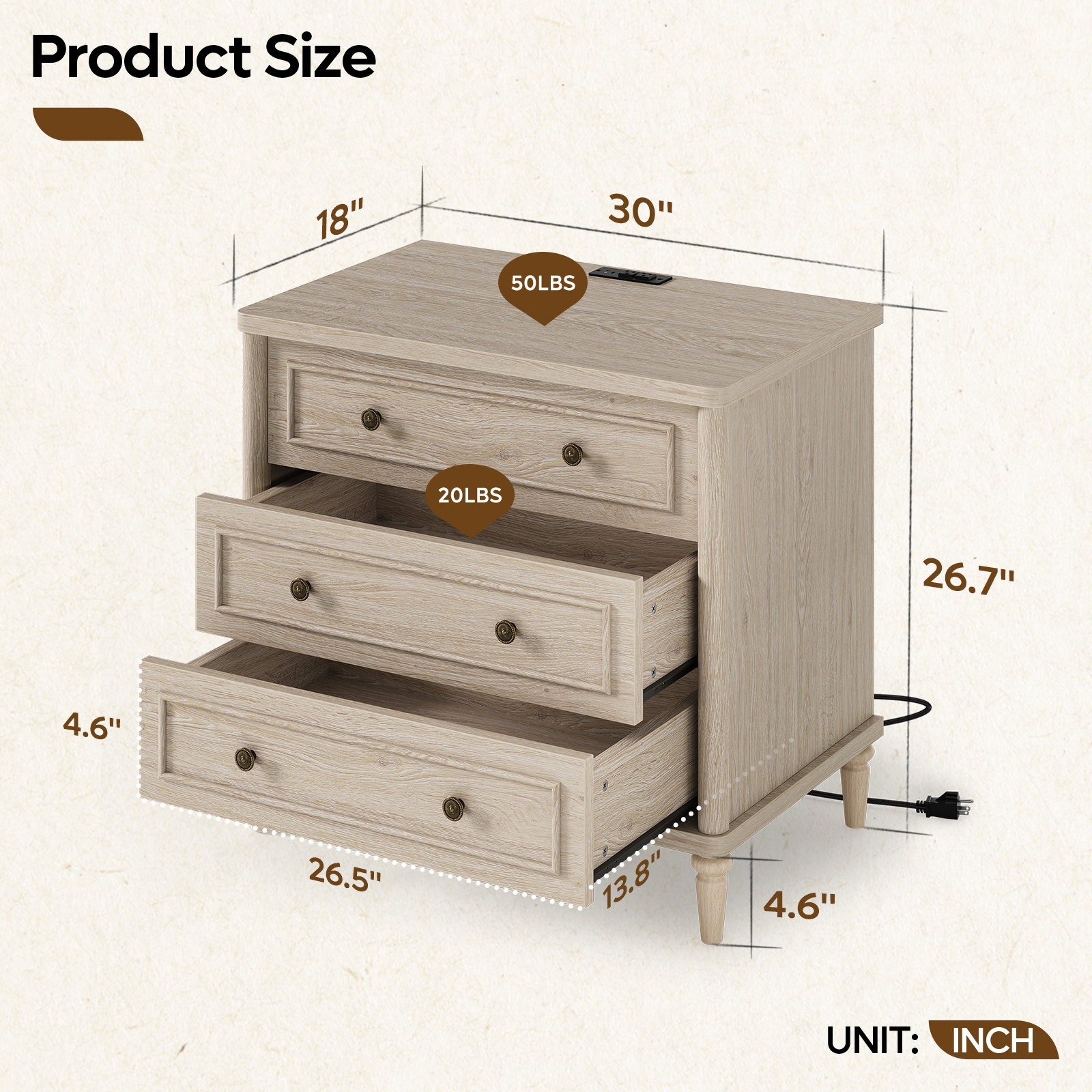 Bestier Farmhouse Nightstand Set of 2 with Charging Station, Oak photo 2