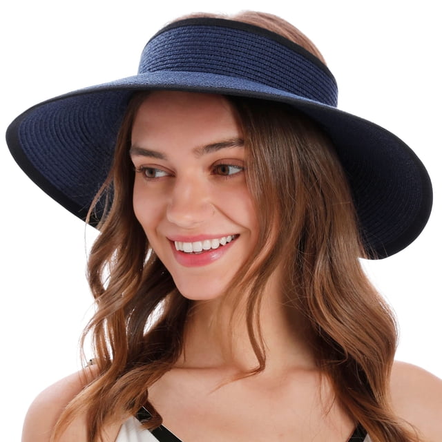 Sombrero Visera Solar Simplicidad Plegable de Paja Azul Marino con Ala Ancha