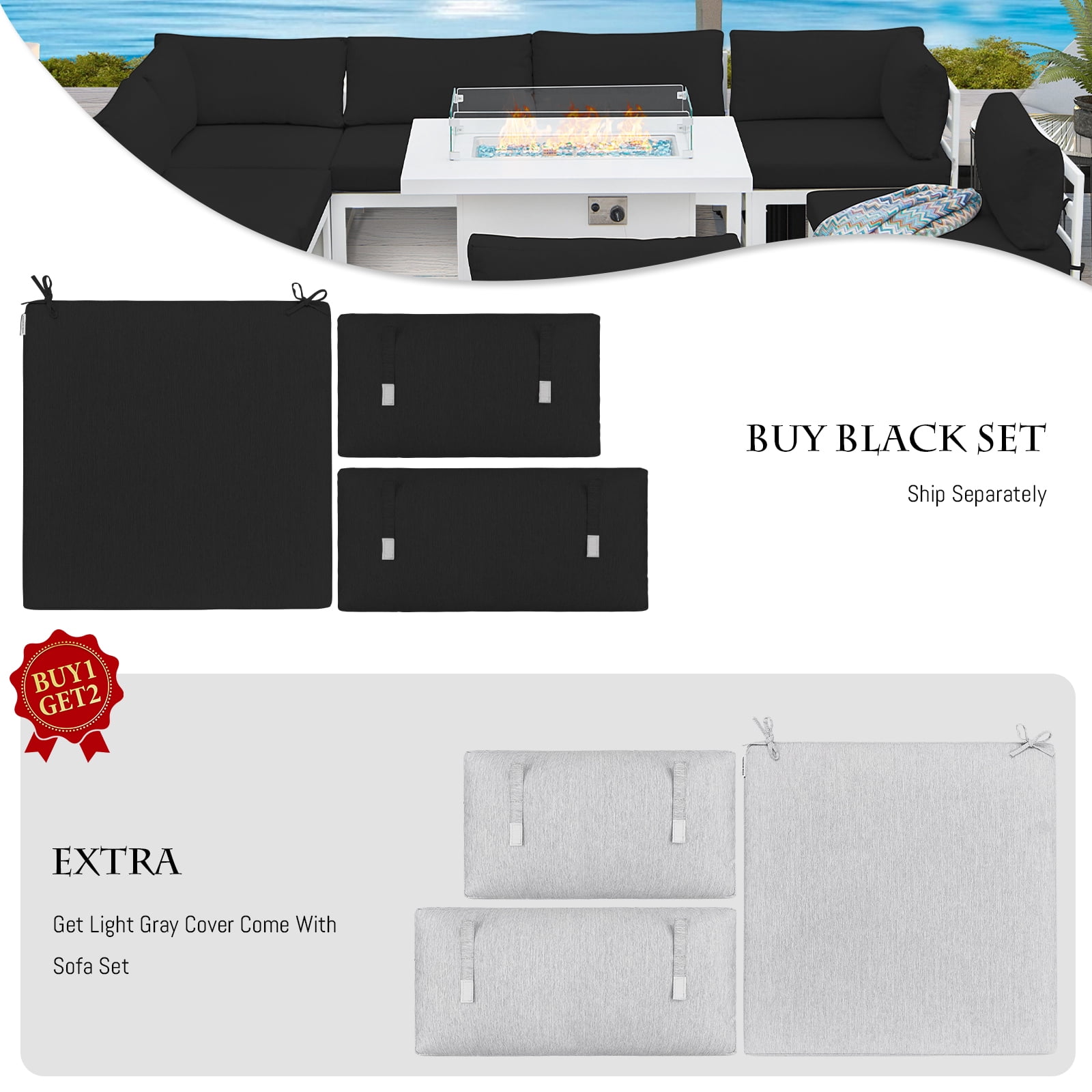 RADIATA 7 Pieces Aluminum Outdoor Patio Sectional Furniture Sofa Set with Fire Pit Table Large Size Luxury Comfortable Durable Water/UV-Resistant for Garden Backyard Party (Black Cushion)