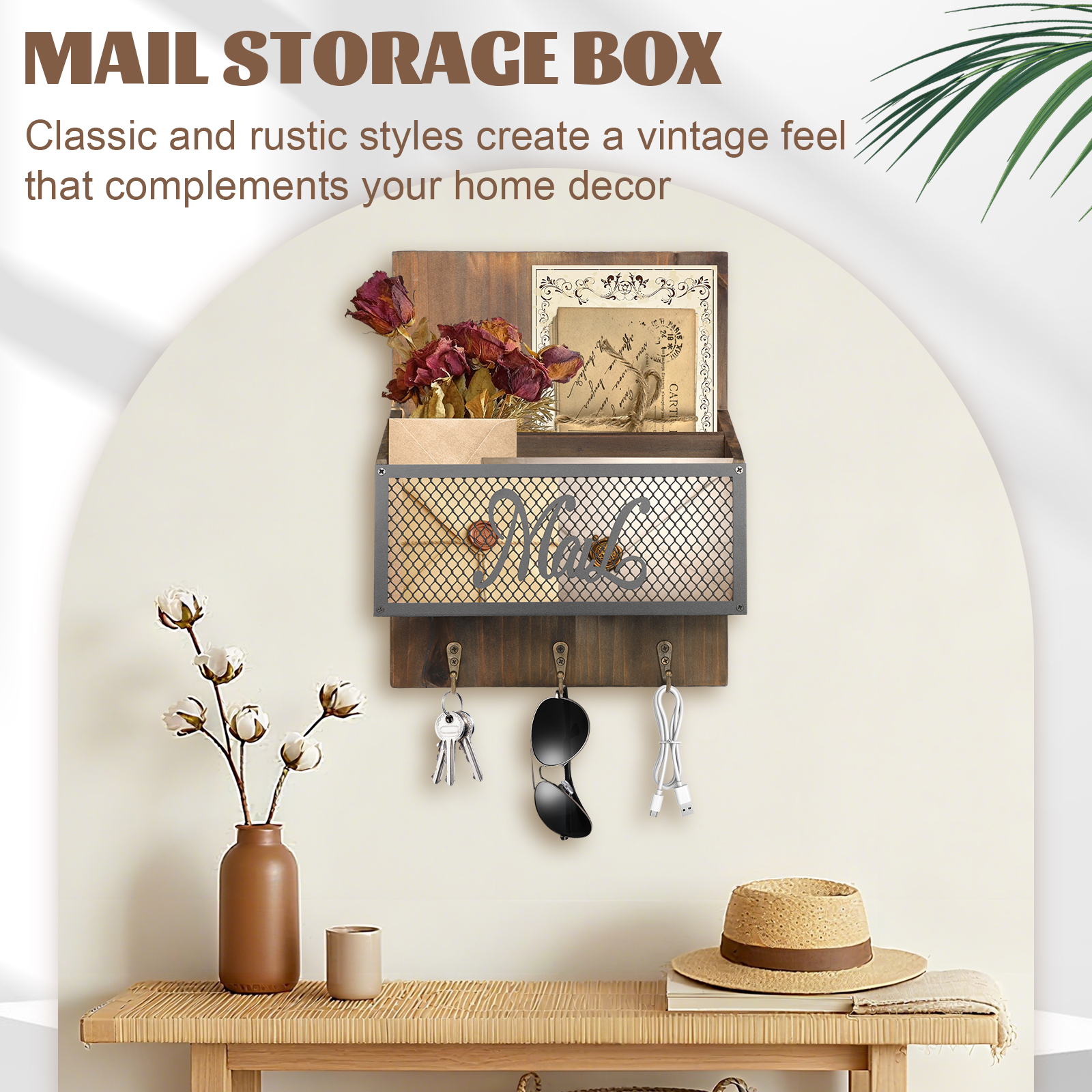 Dongyi Rustic Farmhouse Mail Organizer Wall Mounted - Wooden Mail Sorter with 3 Hooks for Letters, Keys & Magazines, Brown Entryway Decor with Newspaper Slot