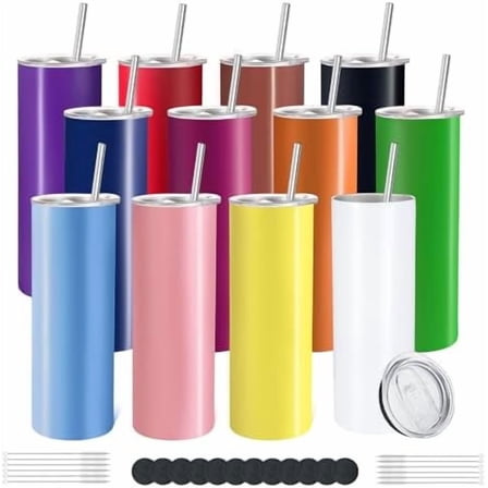 12 Pack Stainless Steel Skinny Tumblers 20oz - Bulk Straight Double Wall Vacuum Insulated Tumbler with Lid and Straw & Silicone Base for Travel, DIY, 12 Colors