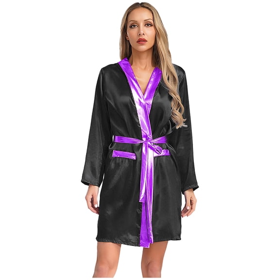 Sxiwei Women Halloween Hooded Boxing Robe Long Sleeve Open Front Metallic Trim Satin Cloak Belt Black&Purple 16