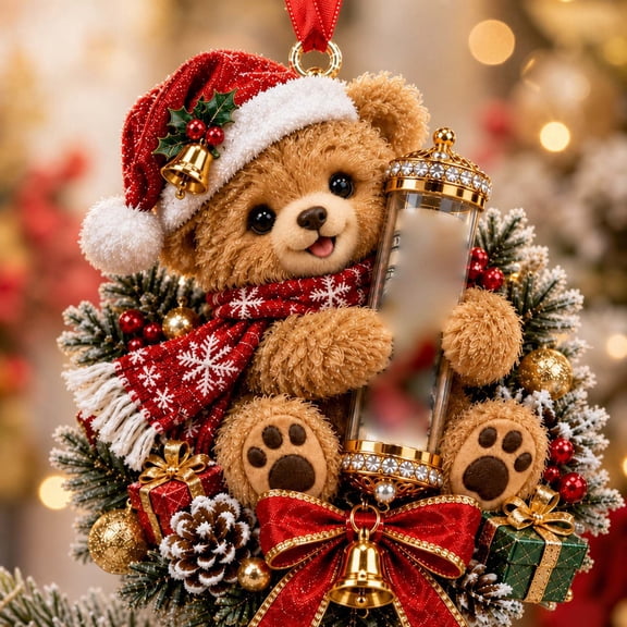 Mivyn Christmas Cash Gift Ornament, Bear Money Holder Hanging Decoration with Plaid Scarf, Acrylic Xmas Tree Pendant Wreath for Holiday Party, Stocking Stuffers Gift