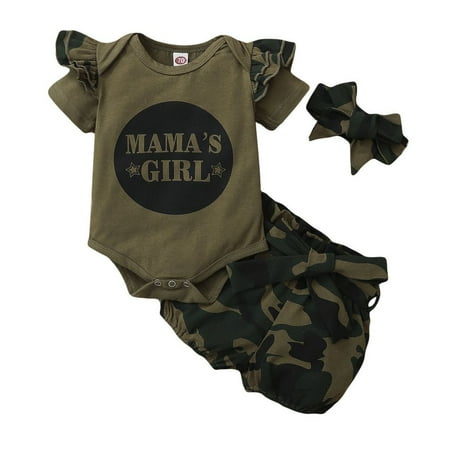 

Newborn Baby Girls Clothing Summer Print Ruffle Short Sleeve Romper+Floral Shorts+Headband Clothes Set 0-3 Months
