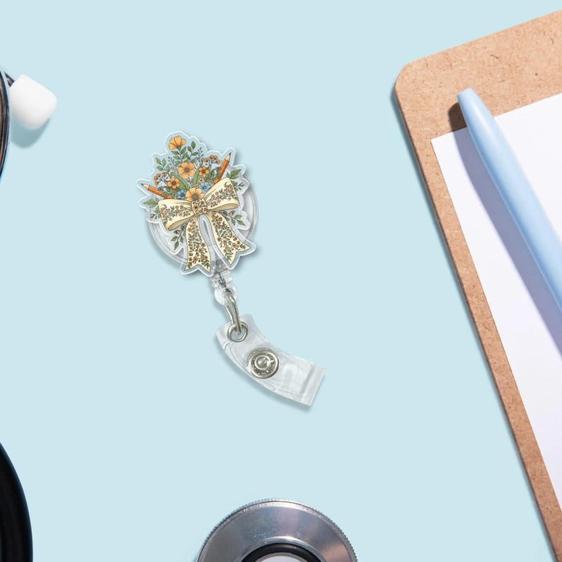 TiniDecor Floral Bow Badge Reel, Elegant Daisy Bouquet Retractable ID Holder, Cute Gift for Nurses & Teachers